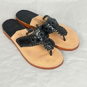 Palm Beach Sandals 7 Classic Thong Womens Black Leather Whipstitch Rondelle Flat